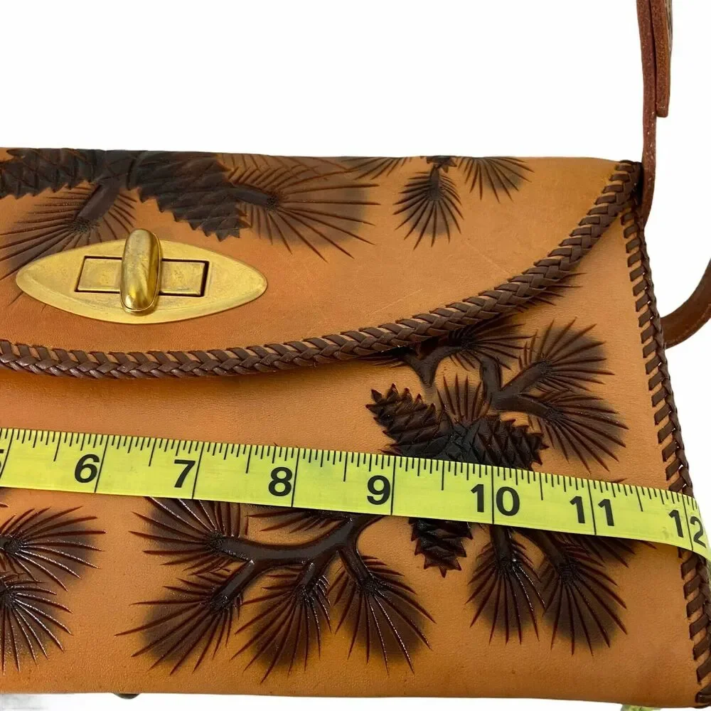 Tooled Leather Purse Handbag Women Handmade Pine Cone Brown Leather 60 70s Retro